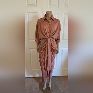 Draped Tie-Front Midi Shirt Dress in Dusty Rose